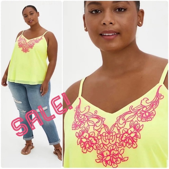 Torrid Tank Top Chiffon Embroidered Lime Green Yellow Cami Shirt Plus 5X 28 NEW - Picture 1 of 14